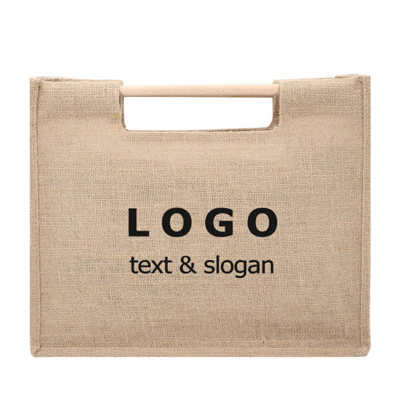 OEM Natural Wooden Handle Carry Promotional Bag Custom Printing Jute Tote Bag Wholesale Burlap Gift Bag