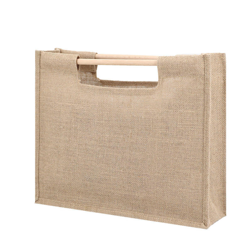 OEM Natural Wooden Handle Carry Promotional Bag Custom Printing Jute Tote Bag Wholesale Burlap Gift Bag