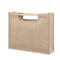 OEM Natural Wooden Handle Carry Promotional Bag Custom Printing Jute Tote Bag Wholesale Burlap Gift Bag