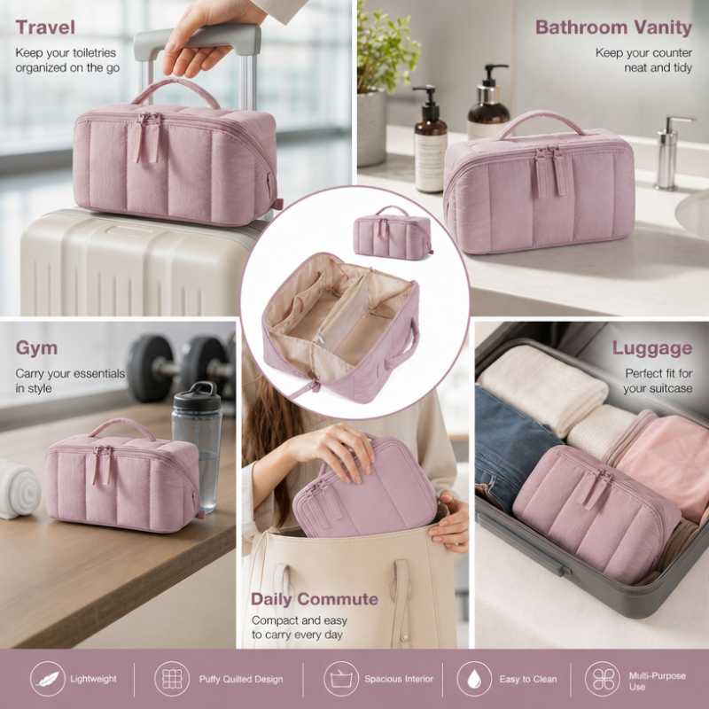 Puffy Quilted Cosmetic Bag Women Makeup Organizer Large Capacity Travel Toiletry Case Water-Resistant Custom Logo OEM