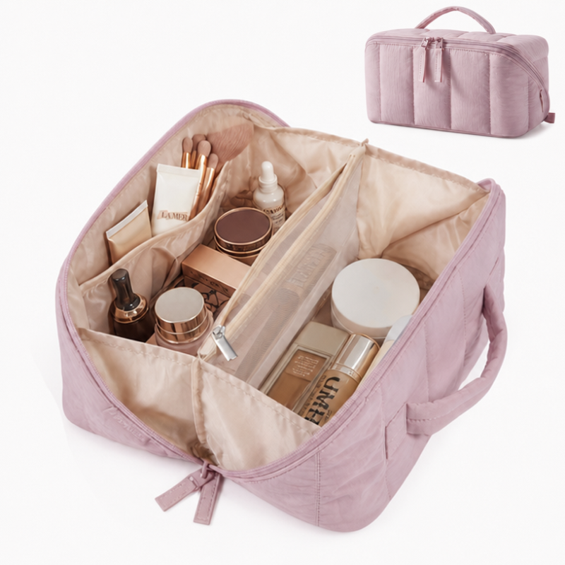 Puffy Quilted Cosmetic Bag Women Makeup Organizer Large Capacity Travel Toiletry Case Water-Resistant Custom Logo OEM