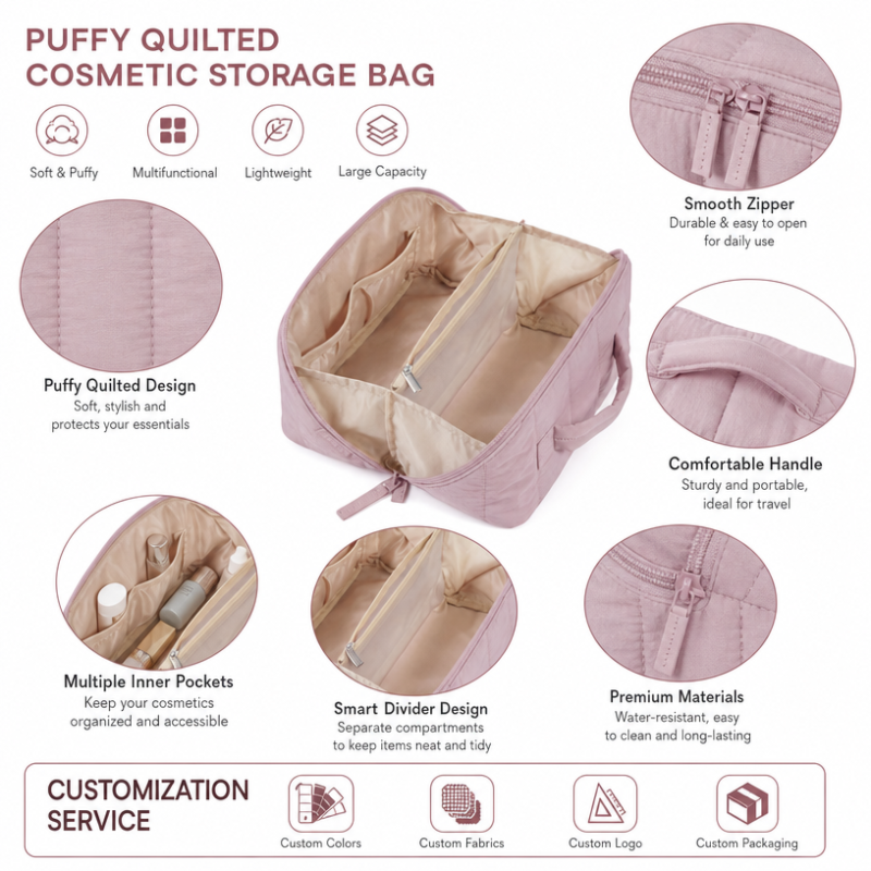 Puffy Quilted Cosmetic Bag Women Makeup Organizer Large Capacity Travel Toiletry Case Water-Resistant Custom Logo OEM