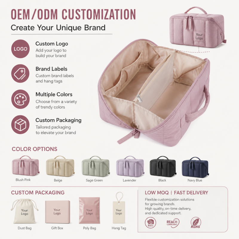 Puffy Quilted Cosmetic Bag Women Makeup Organizer Large Capacity Travel Toiletry Case Water-Resistant Custom Logo OEM