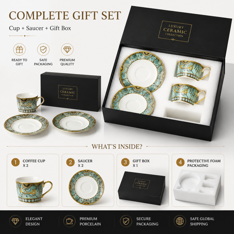 Luxury Ceramic Coffee Cup Gift Set With Saucer Premium Porcelain Espresso Cup Set in Gift Box for Corporate Wedding Gift
