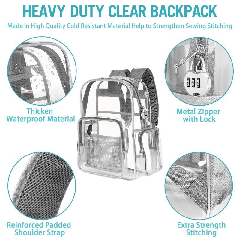 Clear Backpack Heavy Duty Transparent Bookbag with Lock Fit 15.6 Inch Laptop Women Large See Through Waterproof backpack for Men