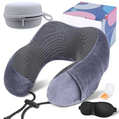 High Density 3in 1Memory Foam Lightweight Neck Pillows for Sleeping on Airplane Gray with EVA Storage Box