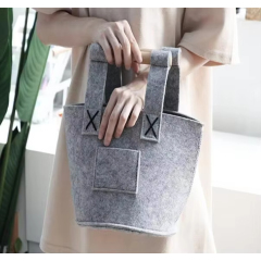 Custom Logo Lunch Tote - Insulated Felt Food Carrier with Wood Handle