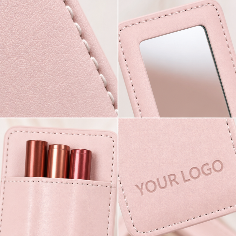 Custom Logo Open Mini Jewelry Storage Bag Mirror Eco Friendly PU Leather Waterproof Portable Cosmetic Pouch for Bridesmaid Gifts