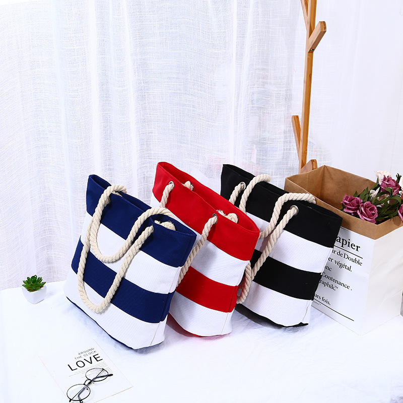 2022 Wholesale Promotion Hot Selling Women Striped Canvas Tote Beach Bag
