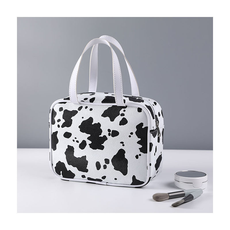 High Quality Personalized Custom Logo Cow Print Pu Leather Cosmetic Toiletry Makeup Brush Bag