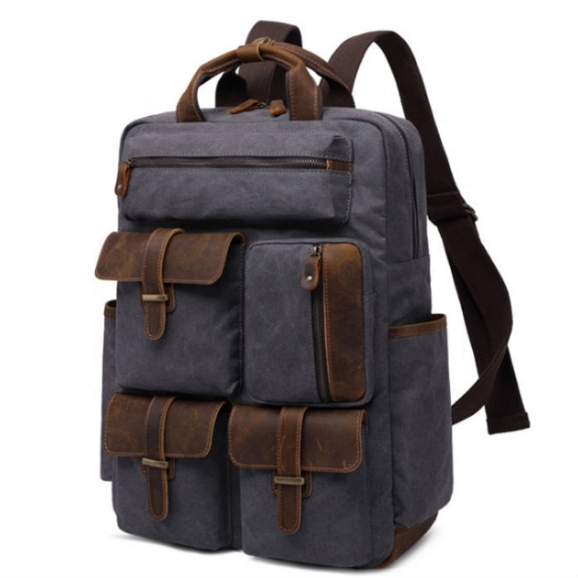 New style retro style leather canvas bag school wind canvas laptop backpack High Quality Multi-Pocket bag Low MOQ rucksack