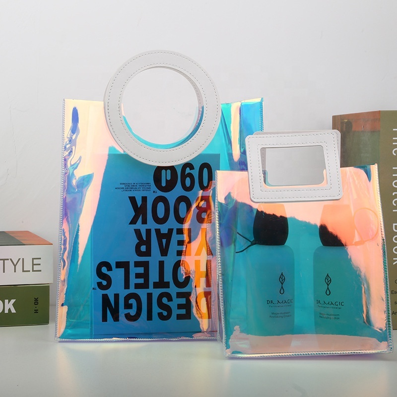 Custom Shopping Bags Logo Printed Transparent Pvc Handbags Laser Handle Beach Bag Holographic Tote Bag