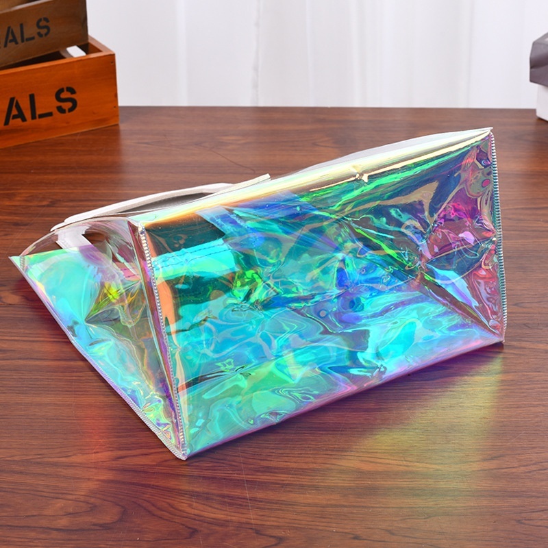 Custom Shopping Bags Logo Printed Transparent Pvc Handbags Laser Handle Beach Bag Holographic Tote Bag