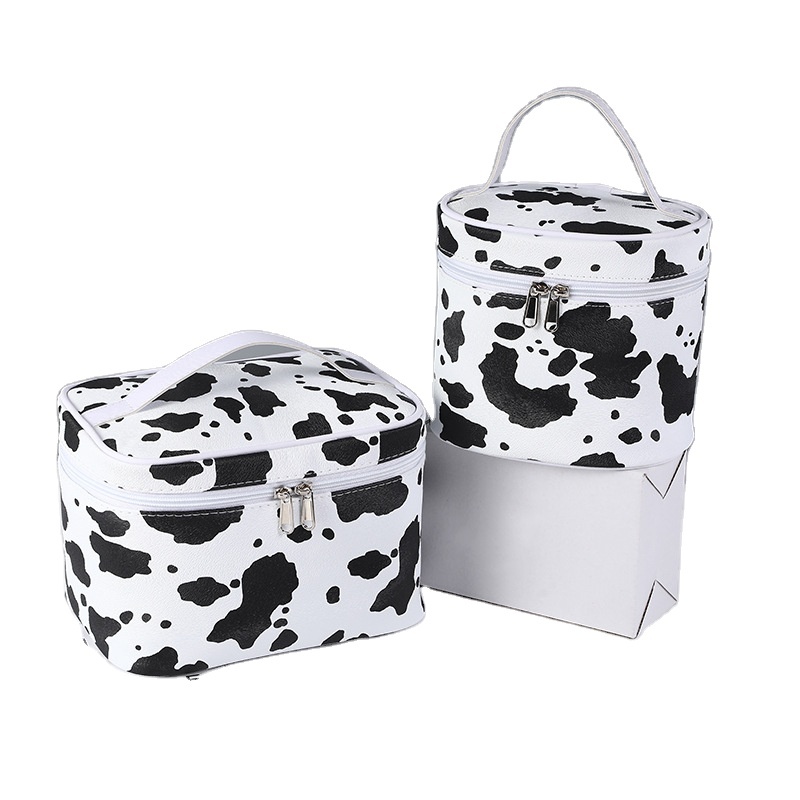 High Quality Personalized Custom Logo Cow Print Pu Leather Cosmetic Toiletry Makeup Brush Bag