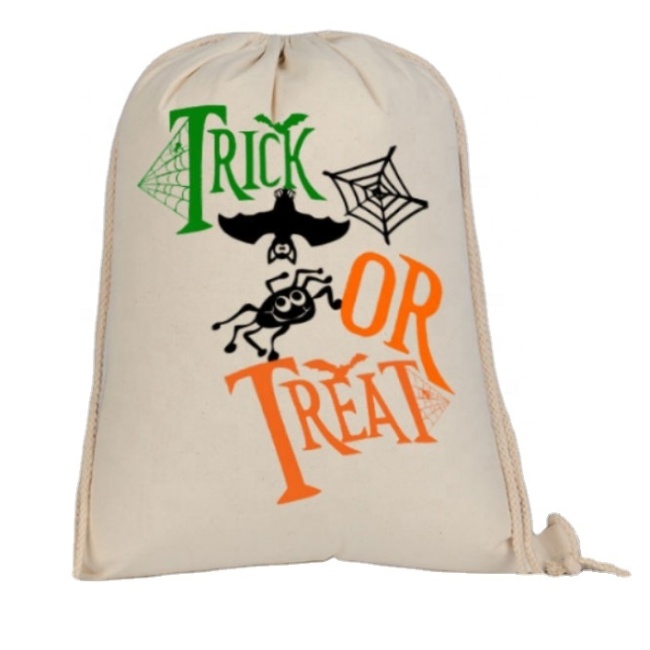 Halloween Trick Treat Reusable Cotton canvas Drawstring Bag in promotional bags gift bags pouch