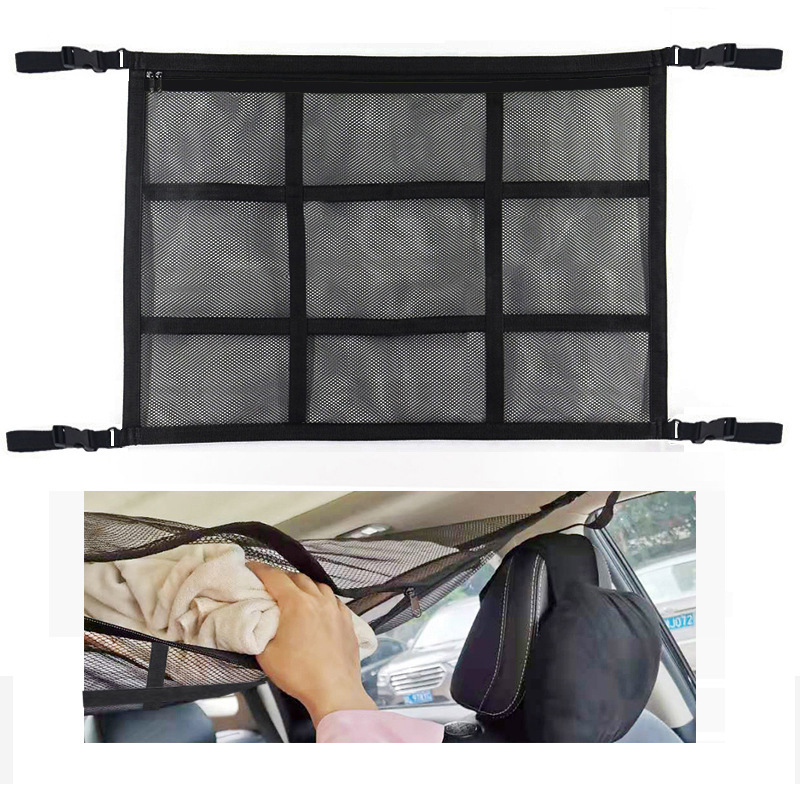 Adjustable Double Layer Foldable Car Ceiling Roof Mesh Storage Net Bag with Zipper Pocket and Elastic Ropes Support