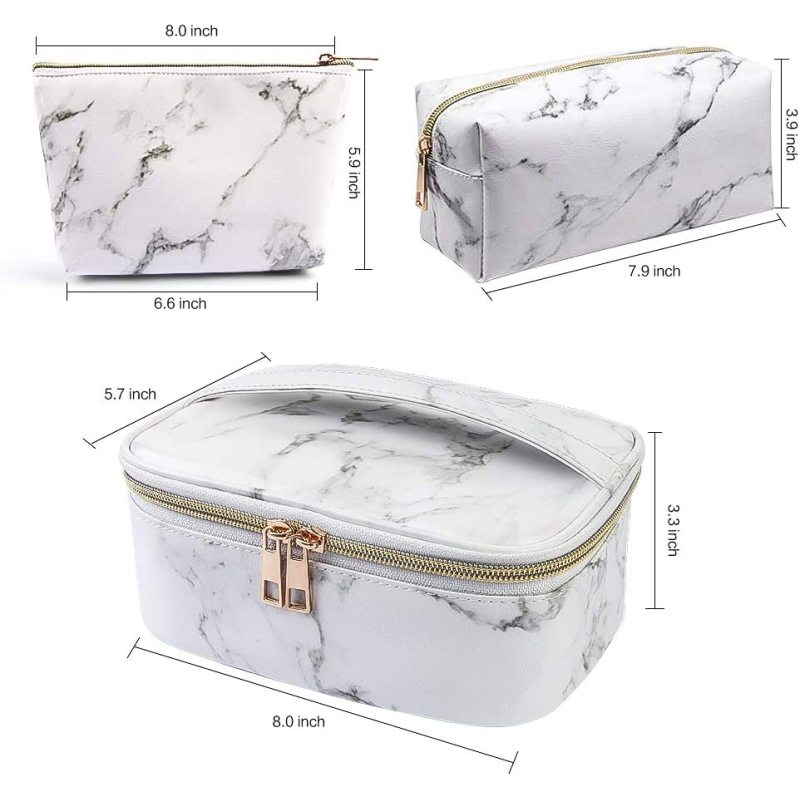 3Pcs Portable Travel Women Makeup Cosmetic Bag Waterproof Organizer Marble Toiletry Bags With Gold Zipper