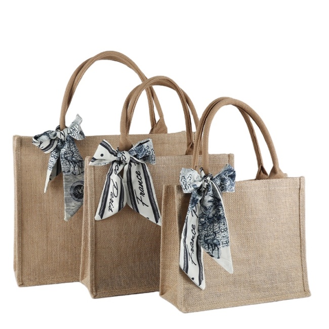 Wholesale Natural Reusable Grocery Linen Burlap Shopping Tote Jute Bag With Ribbon