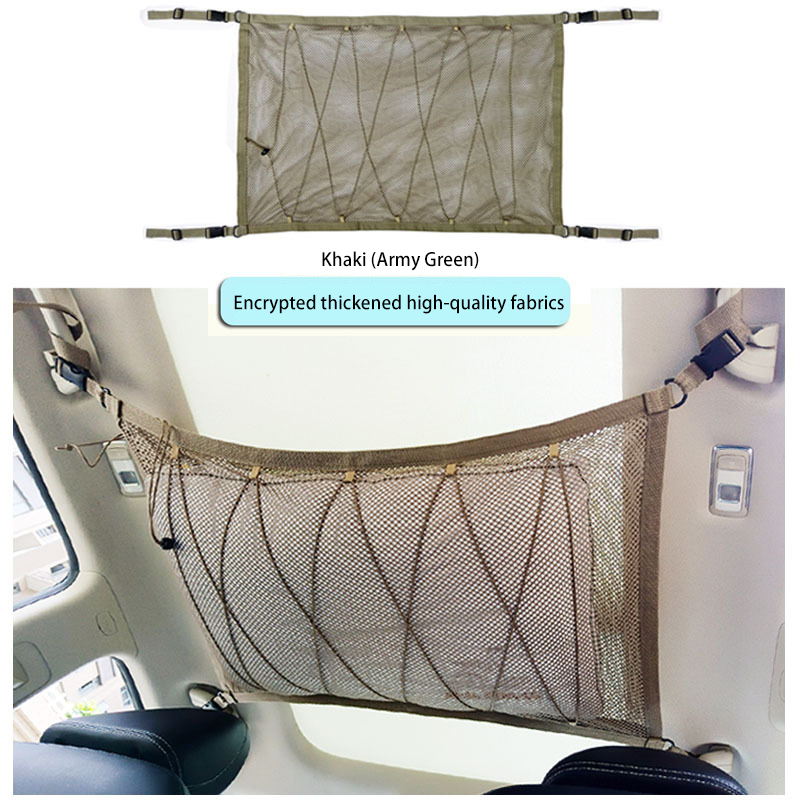 Adjustable Double Layer Foldable Car Ceiling Roof Mesh Storage Net Bag with Zipper Pocket and Elastic Ropes Support