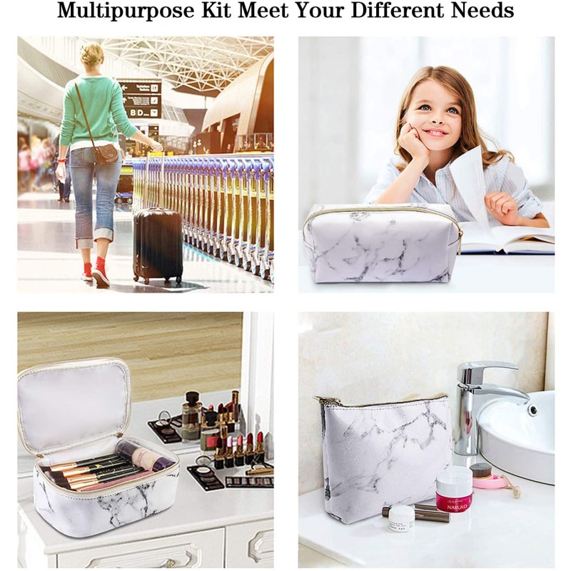 3Pcs Portable Travel Women Makeup Cosmetic Bag Waterproof Organizer Marble Toiletry Bags With Gold Zipper