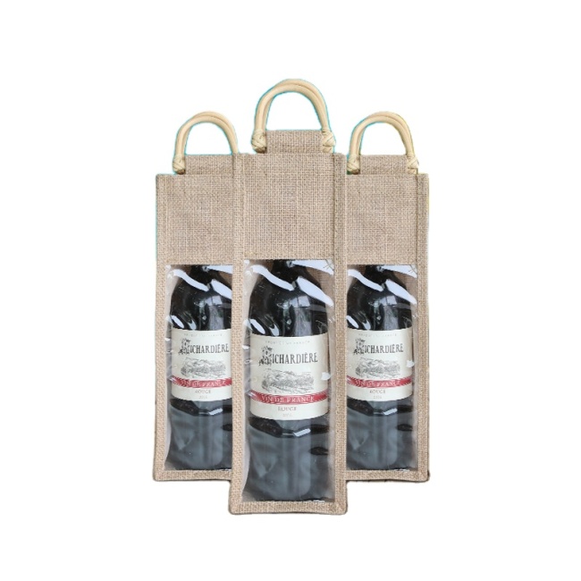Gift Tote Bags Custom Logo PVC Wine Bags Recyclable Window Wine Jute Bags for Bottles