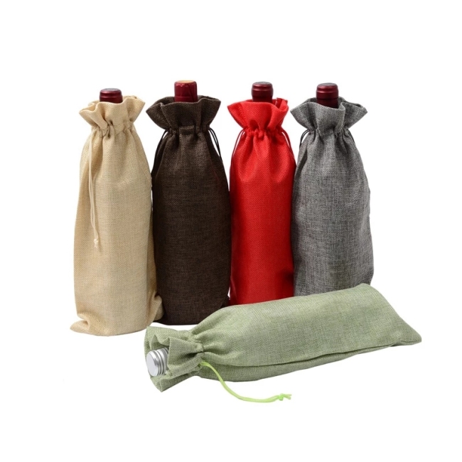 Christmas Burlap Wine Jute Bag Wine Bottle with Drawstring reusable print logo gift pouch wine bags