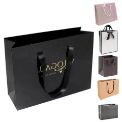Luxury Black Gift Paper Bag Custom logo print Kraft Shopping Paper Bag With Ribbon Handles