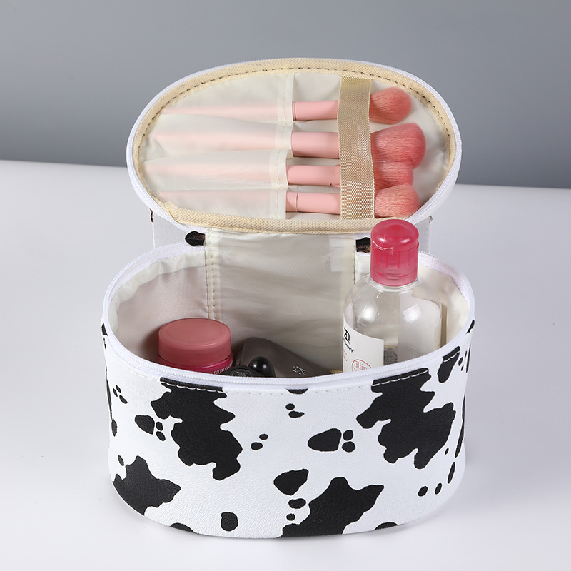 High Quality Personalized Custom Logo Cow Print Pu Leather Cosmetic Toiletry Makeup Brush Bag