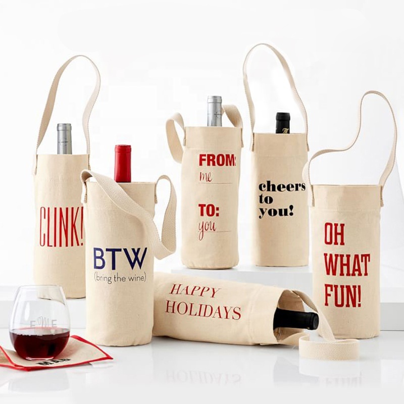 Mini foldable Wine women Cotton canvas tote bags wine bag with custom printed logo