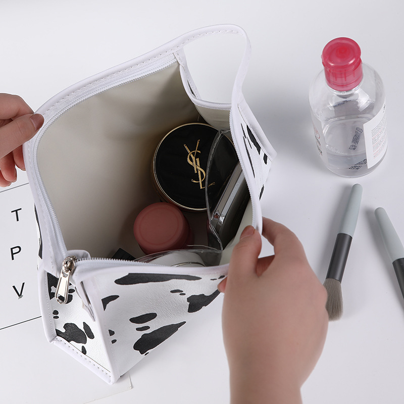 High Quality Personalized Custom Logo Cow Print Pu Leather Cosmetic Toiletry Makeup Brush Bag