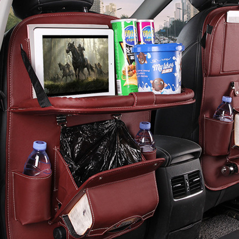 Custom Pu Leather Car Seat Back Organizer Foldable Table Tray Travel Storage Bag