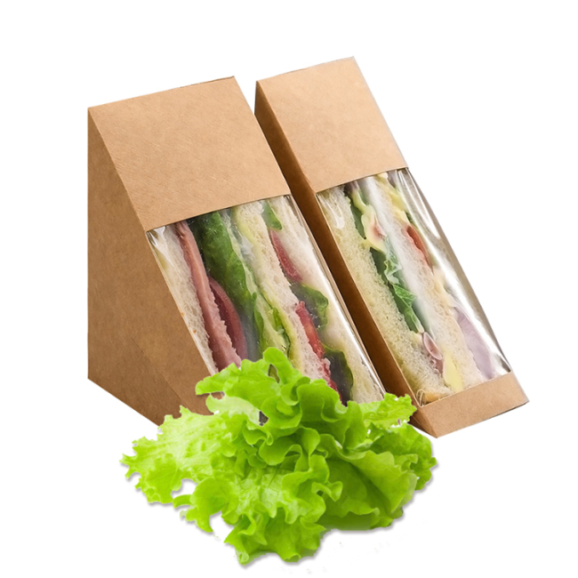 Wholesale clear Sandwich Packing Kraft Paper Lunch Box Custom Food Disposable Breakfast Bread Packaging Sandwich Box