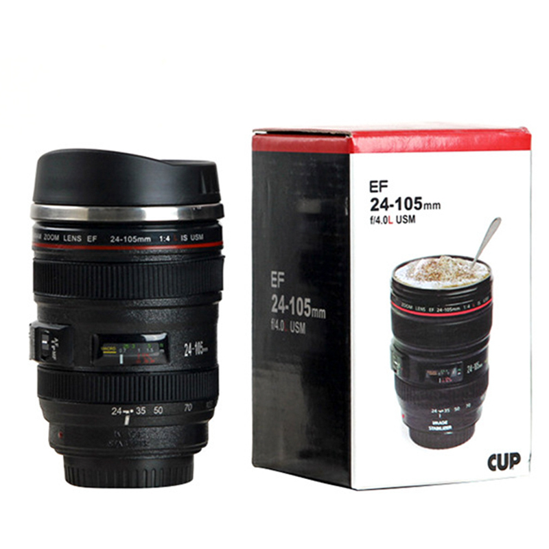 Hot Sale Custom Travel Eco Friendly Stainless Steel Self Stirring Camera Lens Coffee Mug