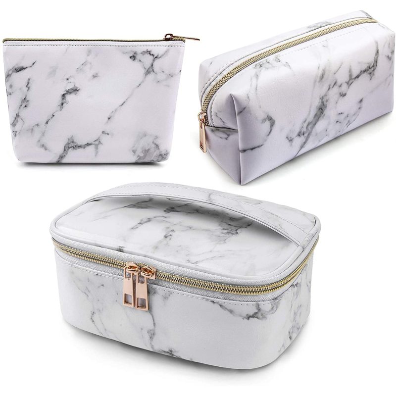 3Pcs Portable Travel Women Makeup Cosmetic Bag Waterproof Organizer Marble Toiletry Bags With Gold Zipper