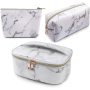 3Pcs Portable Travel Women Makeup Cosmetic Bag Waterproof Organizer Marble Toiletry Bags With Gold Zipper