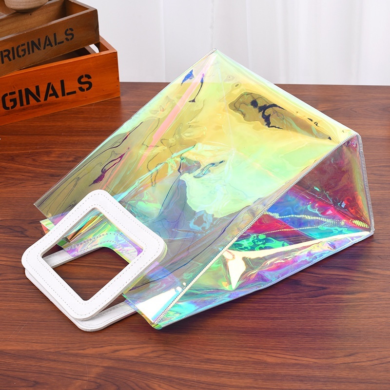 Custom Shopping Bags Logo Printed Transparent Pvc Handbags Laser Handle Beach Bag Holographic Tote Bag