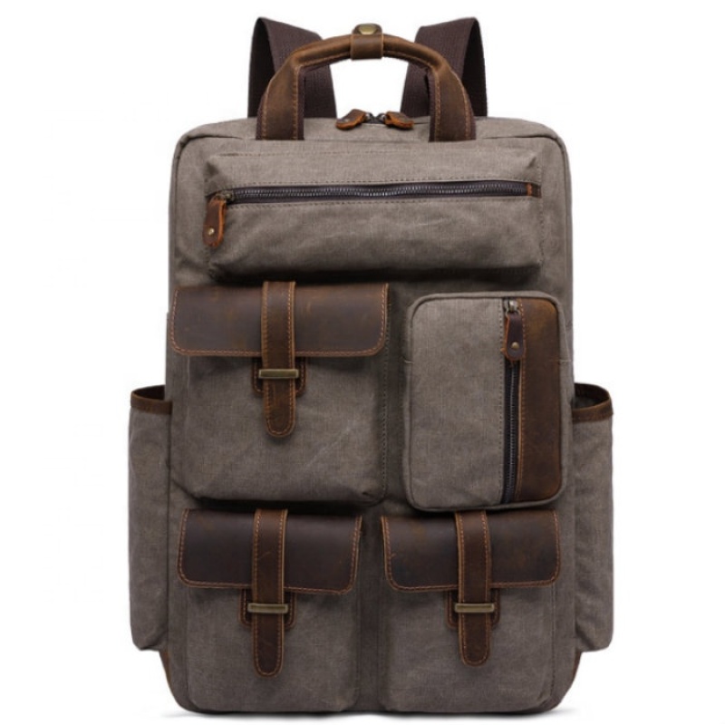 New style retro style leather canvas bag school wind canvas laptop backpack High Quality Multi-Pocket bag Low MOQ rucksack