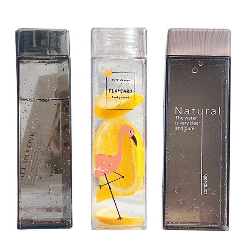 custom logo transparent 500ml square Wood Lid Plastic water bottle with bamboo lid