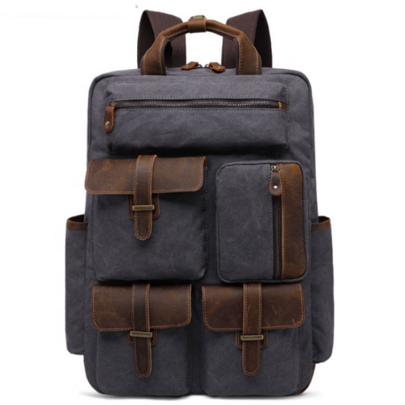 New style retro style leather canvas bag school wind canvas laptop backpack High Quality Multi-Pocket bag Low MOQ rucksack