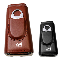 3- Finger Leather Cedar Wood Lined Cigar Case W/ Cutter