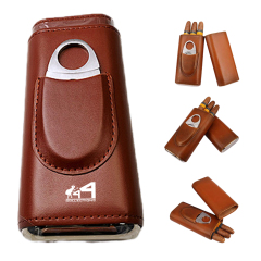 3- Finger Leather Cedar Wood Lined Cigar Case W/ Cutter
