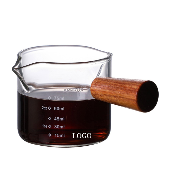 Double Mouth Milk Coffee Glass Measuring Cup With Wooden Handle