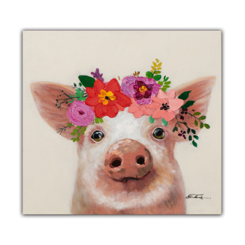 Toile tendue grande taille famille peinture cochon avec des fleurs prêt à accrocher dans le salon de l'enfant