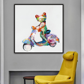 Decoración de pared hecha a mano, ranas en motocicletas, lienzo abstracto, pintura al óleo, decoración de pared