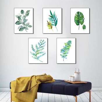 Póster de planta verde nórdica, 5 paneles, lienzo, arte de pared, hojas modernas, pinturas al óleo, arte, dormitorio, decoración para sala de estar