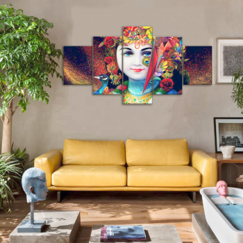 Abstract Printing 5 Pieces Space Canvas Wall Art Picture, Religious India Hindustan Portrait Art Wall Painting