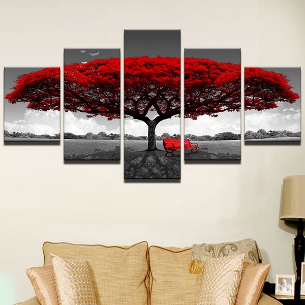 Modern 5 Frameless Canvas Gray Background Red Tree Picture Printing Art Home Decoration 5 Living Room Picture