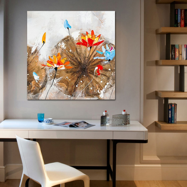 Handmade canvas flower oil painting vintage lotus wall art picture for living room modern abstract home decoration