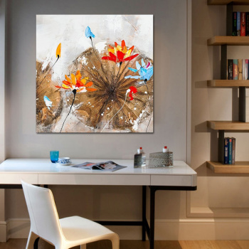 Handmade canvas flower oil painting vintage lotus wall art picture for living room modern abstract home decoration
