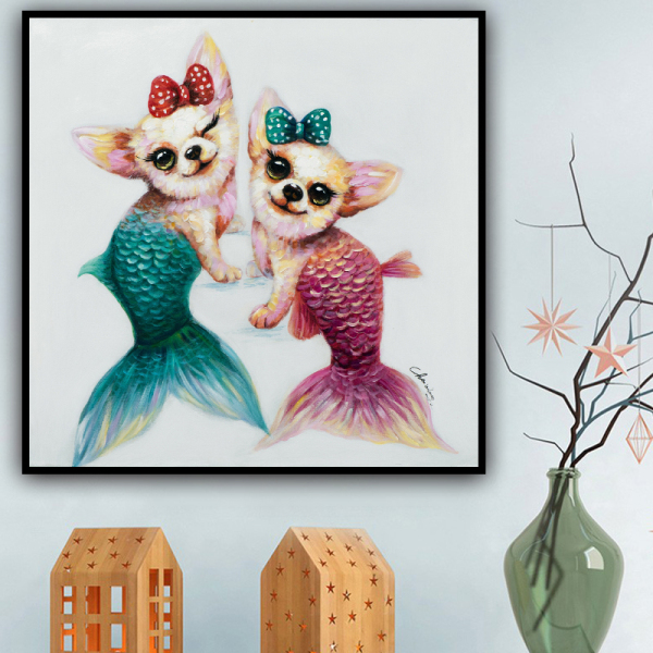 Modern Art Paintings Abstract Oil Handmade Acrylic Cat fish Animals Wall Picture Home Decor Painting